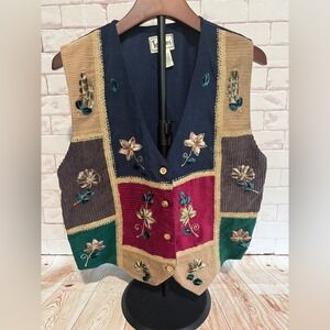 TanFrums Patchwork Floral Embroidered Corduroy Vest Women's Medium Navy‎ Blue
